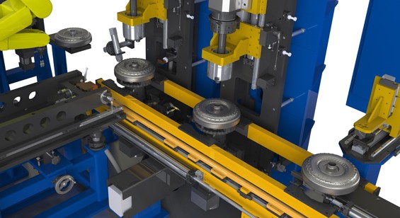 Fully-Automatic 5 Station Torque Convertor Assembly Balancer with Automatic Variable and Fixed Length Weight Making and Weld Correction. Featuring Automatic Walking Beam Transfer, Oil Fill, Dual Motorized Spindles for Low Maintenance and the Ability to Measure Utilizing Multiple Measurement Techniques – Static Internal, 180 Flip and Differential